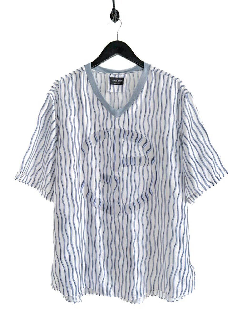 Giorgio Armani White Blue Wave Striped GA Logo Silk Top